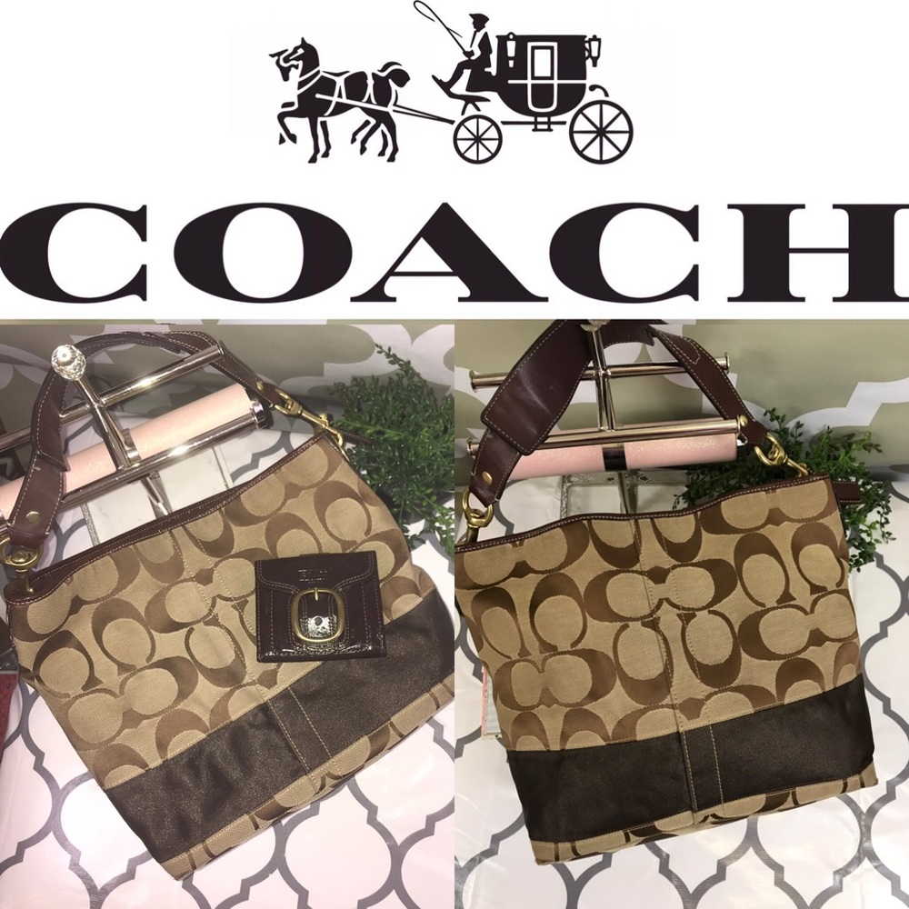 Coach Medium Signature Stripe Hobo Tote + Wallet